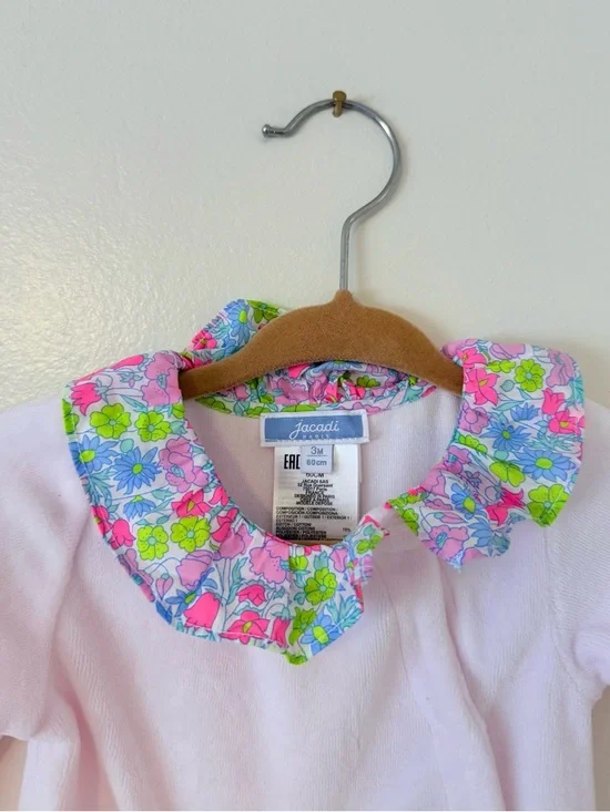 Jacadi Paris Baby Girl 3mo Pale Pink Velour Footed Onsie Floral Ruffle Collar - Picture 2 of 11